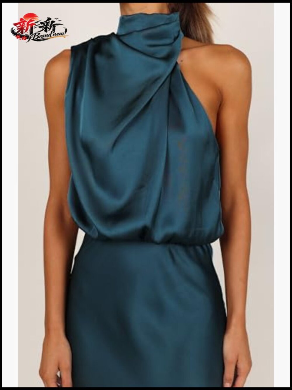 Halter Neck Midi Dress with Asymmetric Neckline and Back Zip - Picture 2 of 6
